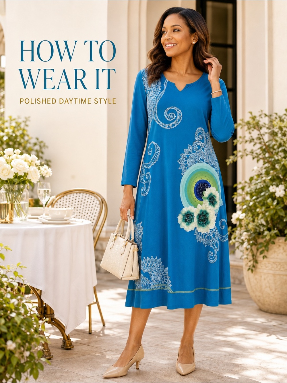 Michael K Turquoise Paisley Floral Appliqué Belted Midi Dress Size XL